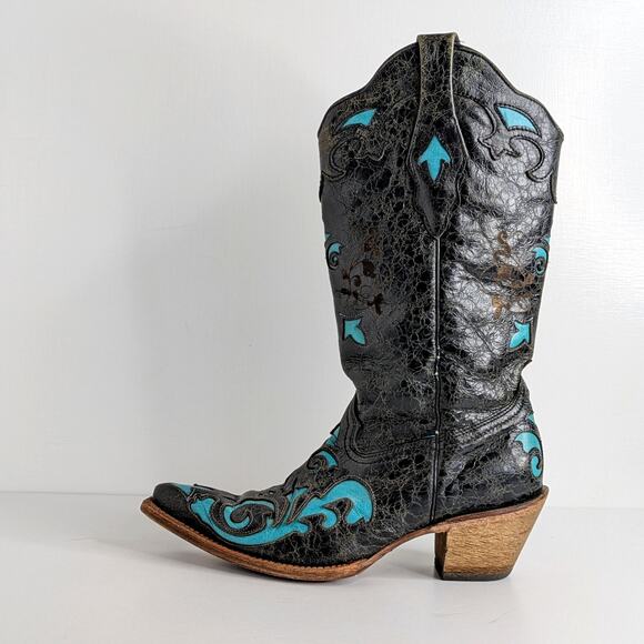 Corral C2117 Black Turquoise Distressed Western Snip Toe Cowgirl Boots Women 8 M - Picture 9 of 16